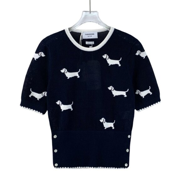 Thom Browne Navy Blue Dog Intarsia Cotton Knit Short-Sleeve Sweater M - Picture 1 of 7
